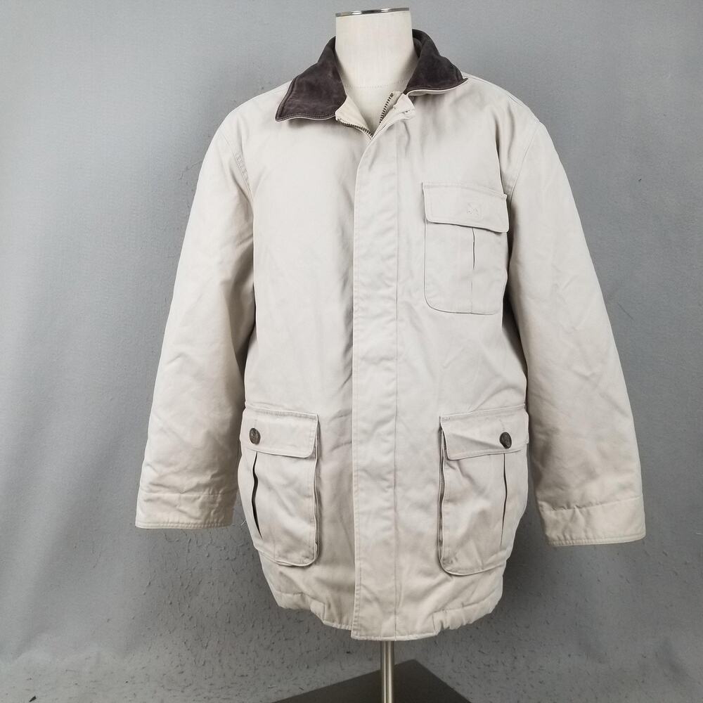 St Johns Bay Jacket Mens XL Beige Brown Collar Plaid Lined Canvas Field Coat